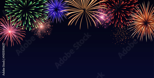 Vector decorative border with colorful exploding fireworks in the sky - celebration card, festival banner