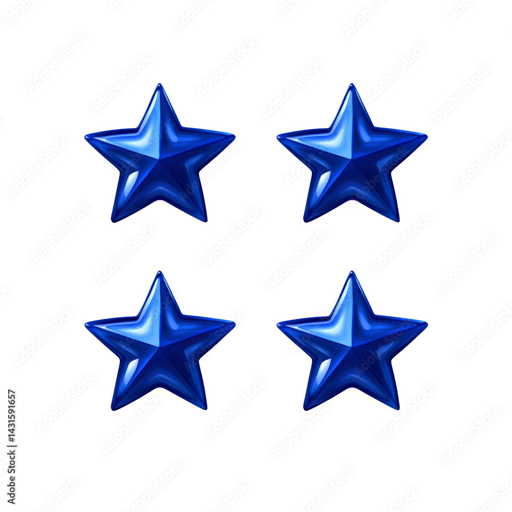 Fototapeta premium Four Shiny Blue 3D Stars on Transparent Background - Rating, Award, Success Symbol