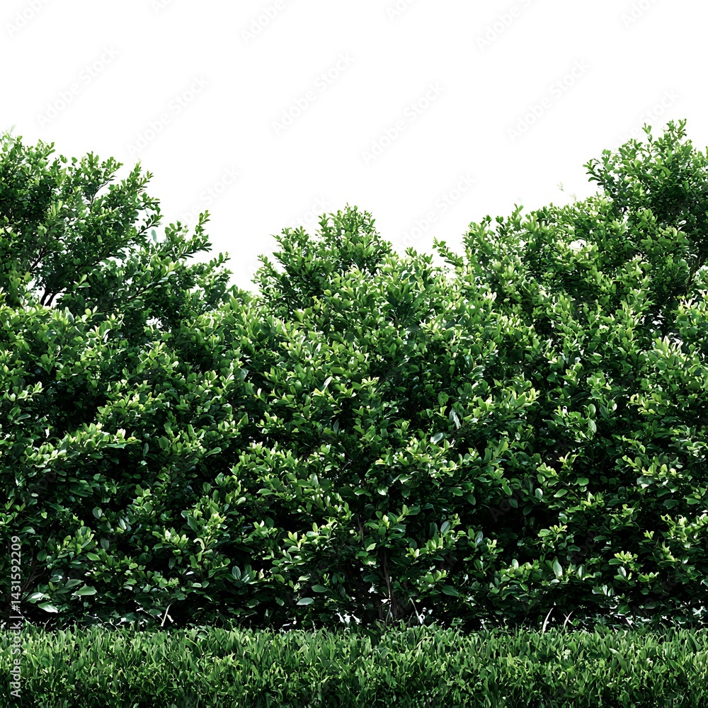 Fototapeta premium A lush green hedge, possibly boxwood, isolated on a clean white background