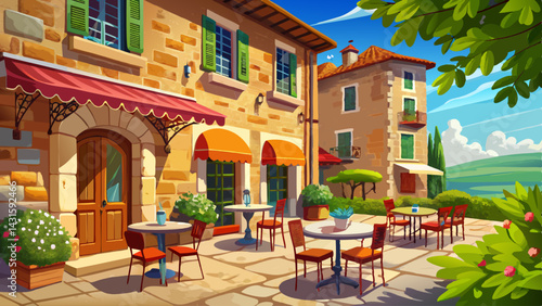 Very beautiful Cafe tables and chairs outside a stone building in Tuscany