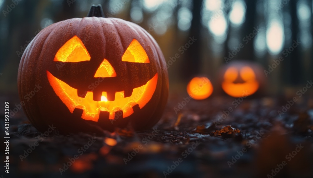 Fototapeta premium Glowing Jack-o'-lantern in autumn forest