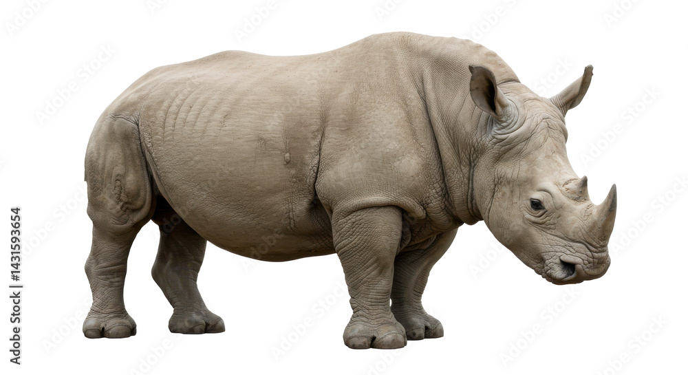 Fototapeta premium A large, gray rhino stands in focus against a black backdrop, with a powerful, muscular build