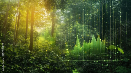 Lush green forest with superimposed green graph showing growth and sustainability.