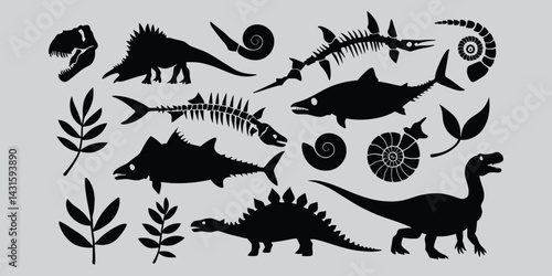 Silhouette Collection of Prehistoric Animals and Plant	