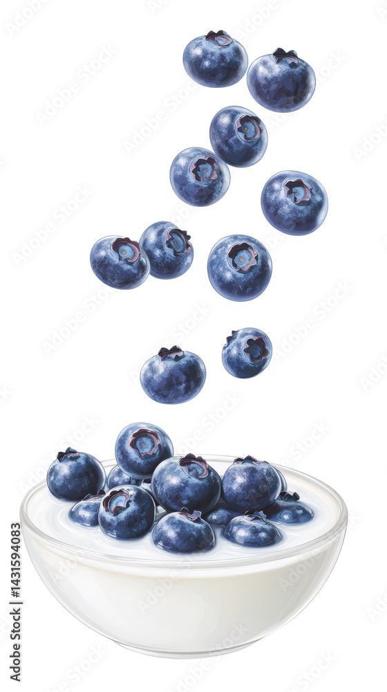 Fresh blueberries falling into a yogurt bowl. Digital illustration of fresh blueberries dropping into a white bowl of yogurt, ideal for healthy food, breakfast, or dairy product themes. Fresh blueberries falling into a yogurt bowl. Digital illustration of fresh blueberries dropping into a white bowl of yogurt, ideal for healthy food, breakfast, or dairy product themes.
