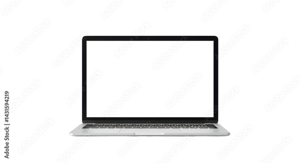 Silver laptop centered with a bright white screen on black background with keyboard showing Silver laptop centered with a bright white screen on black background with keyboard showing