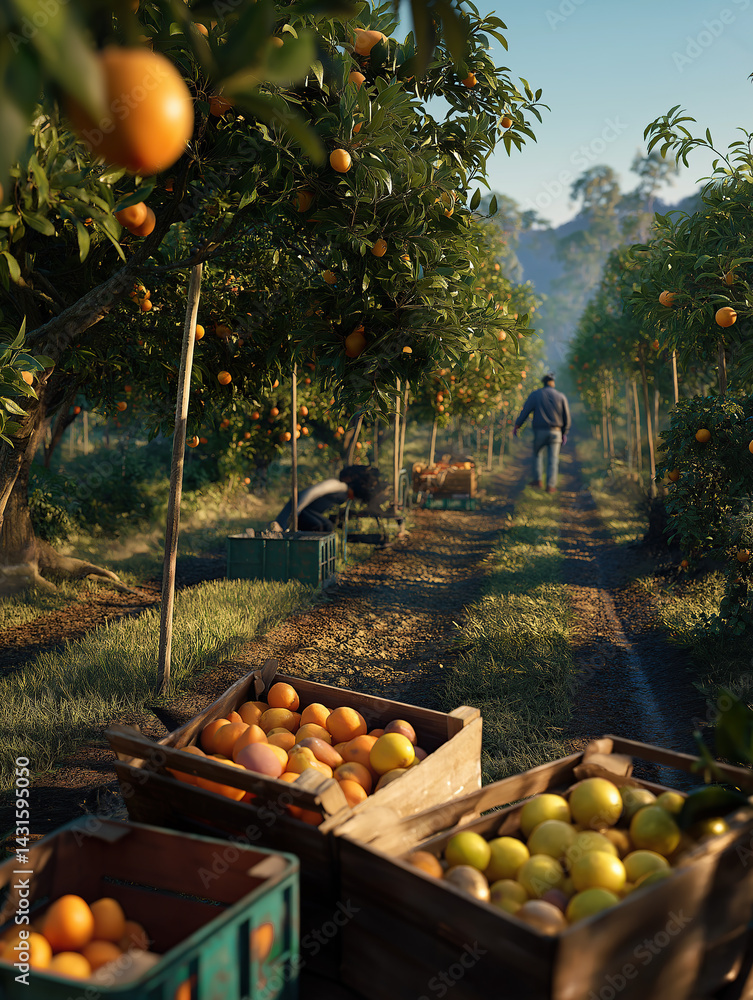 Harvesting Oranges in an Orchard