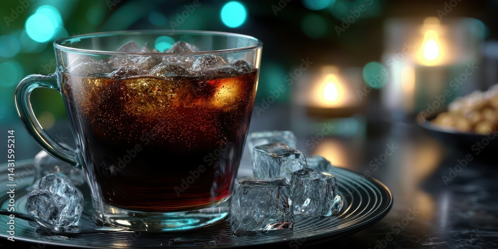 Refreshing glass of cold beverage with ice cubes on a dark table at an evening gathering Refreshing glass of cold beverage with ice cubes on a dark table at an evening gathering