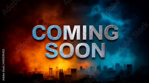 Metallic text over city skyline against dramatic orange and blue smoky skies