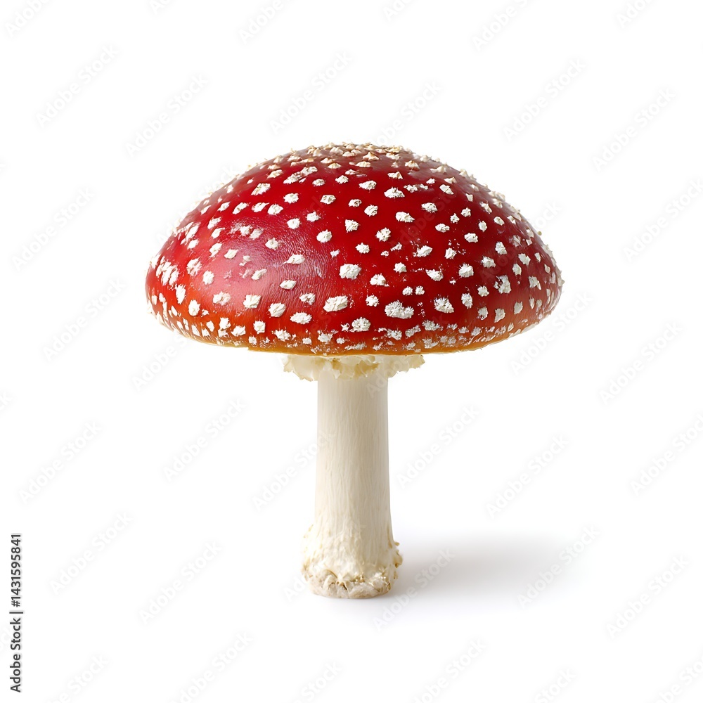 A single fly agaric mushroom (Amanita muscaria) with a red cap and white spots, isolated on a clean white background A single fly agaric mushroom (Amanita muscaria) with a red cap and white spots, isolated on a clean white background
