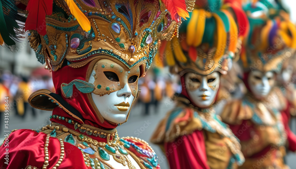 Vibrant red parade float with elaborate costumes at a street festival with copy space Vibrant red parade float with elaborate costumes at a street festival with copy space