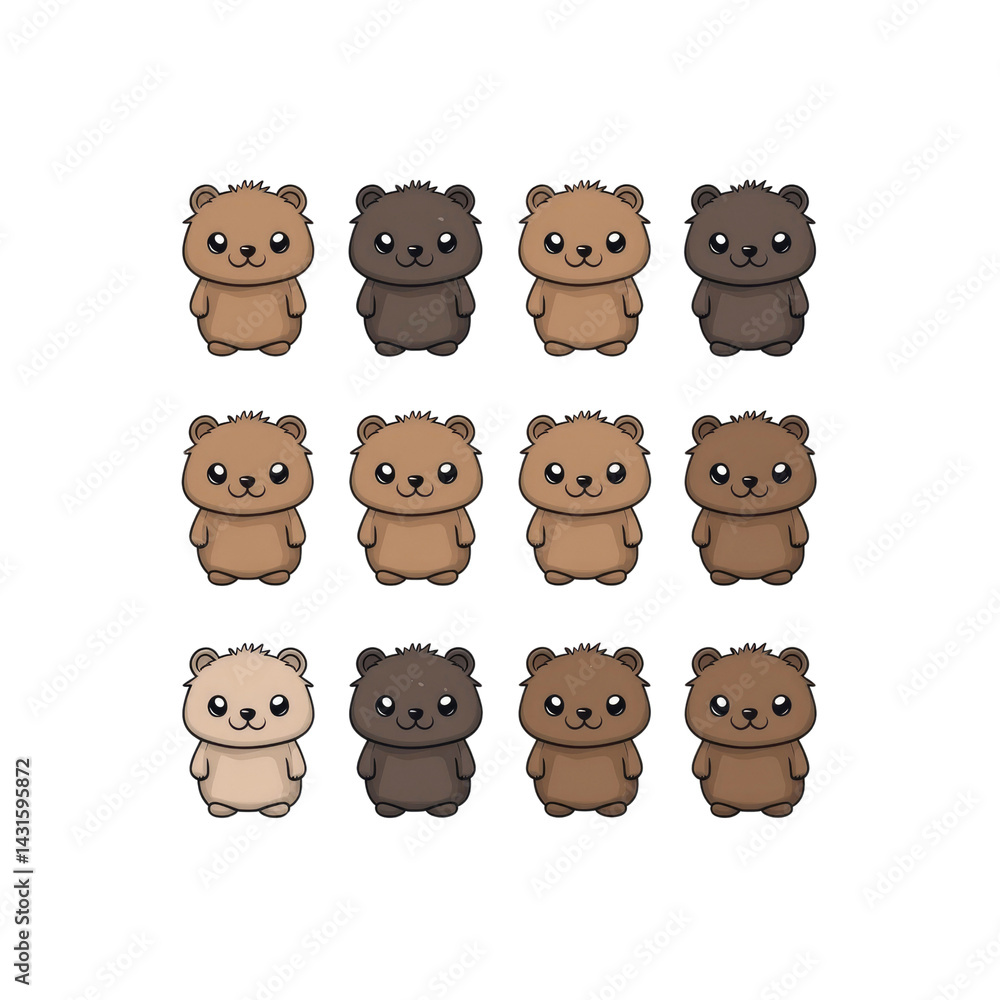 Obraz premium Adorable Cartoon Bear Cubs in Various Shades of Brown - Cute Animal Character Set