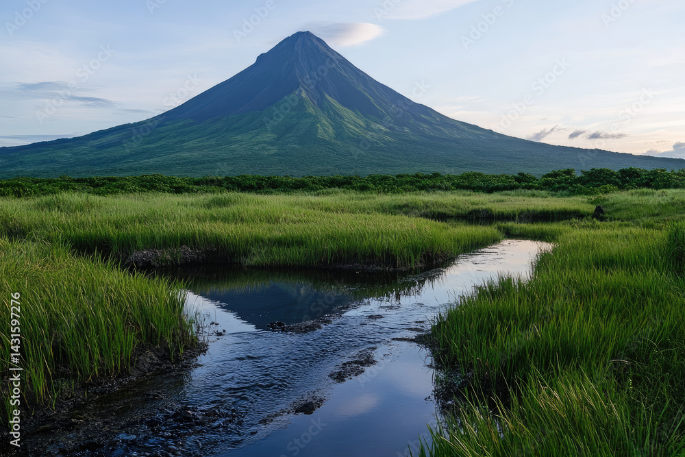 Shadowed Volcano in the Distance with Marshy Ground and Water Stream at Dawn. Snow-Capped Peak, Grassland Reflecting Light, and Blue Sky at Dusk in Majestic Travel Landscape Shadowed Volcano in the Distance with Marshy Ground and Water Stream at Dawn. Snow-Capped Peak, Grassland Reflecting Light, and Blue Sky at Dusk in Majestic Travel Landscape