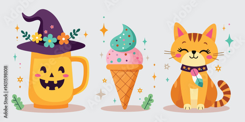 Cute Cat Pumpkin Mug and Ice Cream	