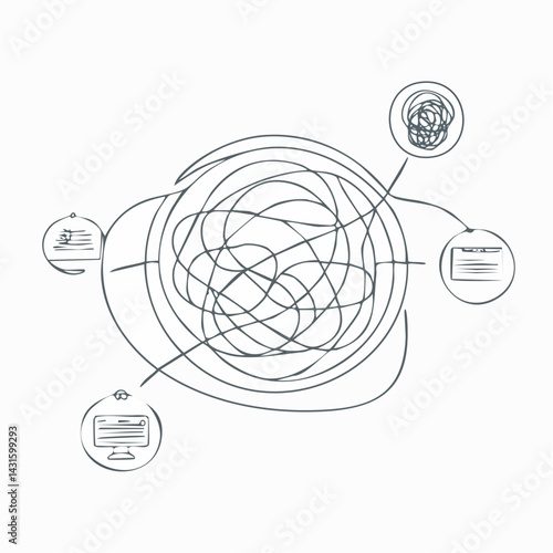 Coaching concept, psychotherapy, brainstorming and mental problem solving. Vector illustration. Tangled chaos and untangled clew line art.