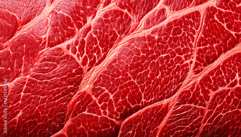 custom made wallpaper toronto digitalimage shows close up of marbled beef with intricate fat patterns, highlighting rich texture and vibrant red color. This detailed view emphasizes quality and marbling typical of premium cuts