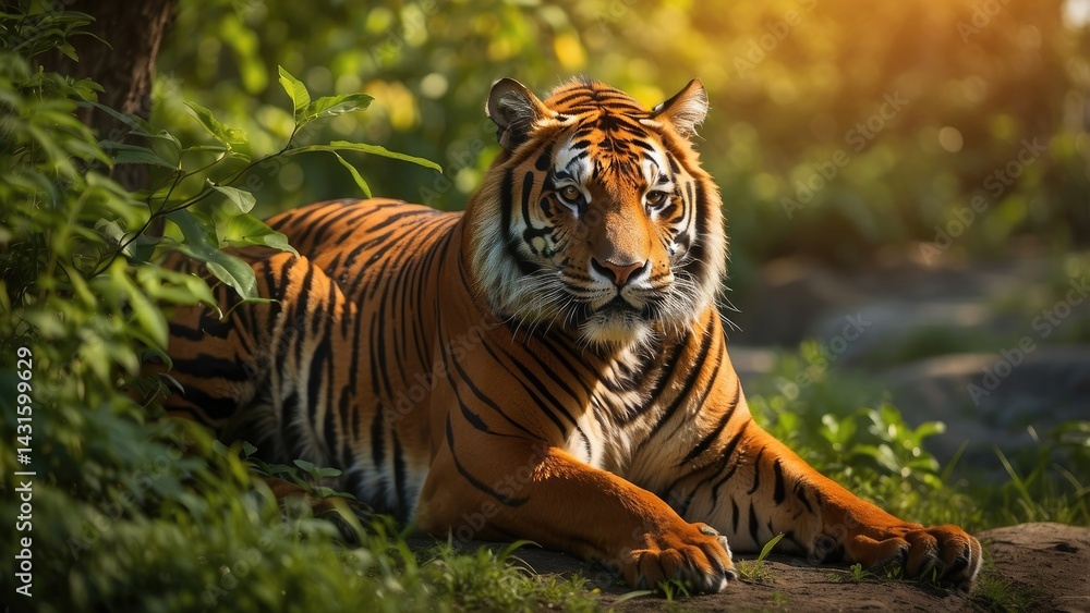 Fototapeta premium Majestic Bengal Tiger Resting in Wild Jungle Habitat