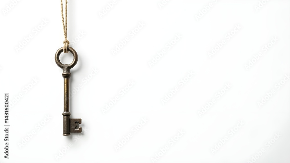 Antique Key Hanging on String Isolated on White Background Antique Key Hanging on String Isolated on White Background