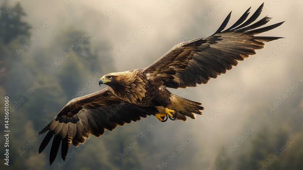 Obraz premium Golden eagle diving at high speed through a misty canyon wings fully extended sharp talons ready for the hunt