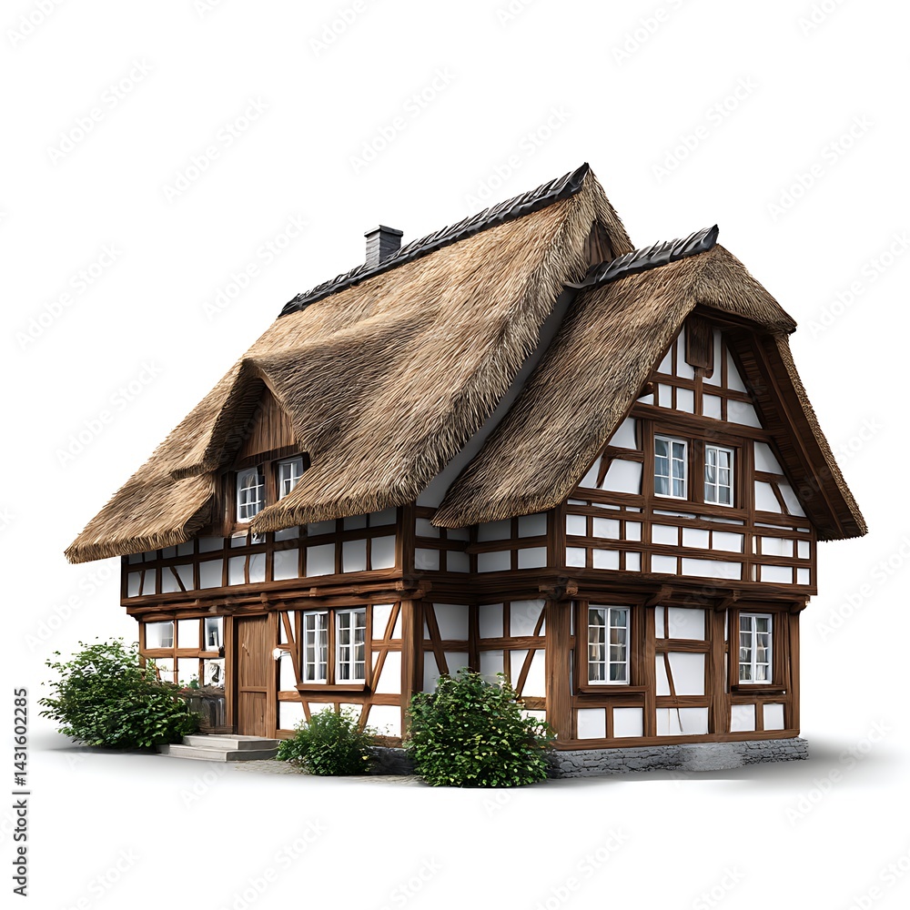 An isolated image of a traditional half-timbered house, showcasing classic German architecture. The house features timber framing, a thatched roof, and a unique design. An isolated image of a traditional half-timbered house, showcasing classic German architecture. The house features timber framing, a thatched roof, and a unique design.