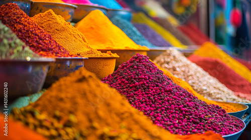 Fototapeta Naklejka Na Ścianę i Meble -  Exotic Spices Piled at Market Stall. Vibrant heaps of various spices creating a colorful landscape in a market