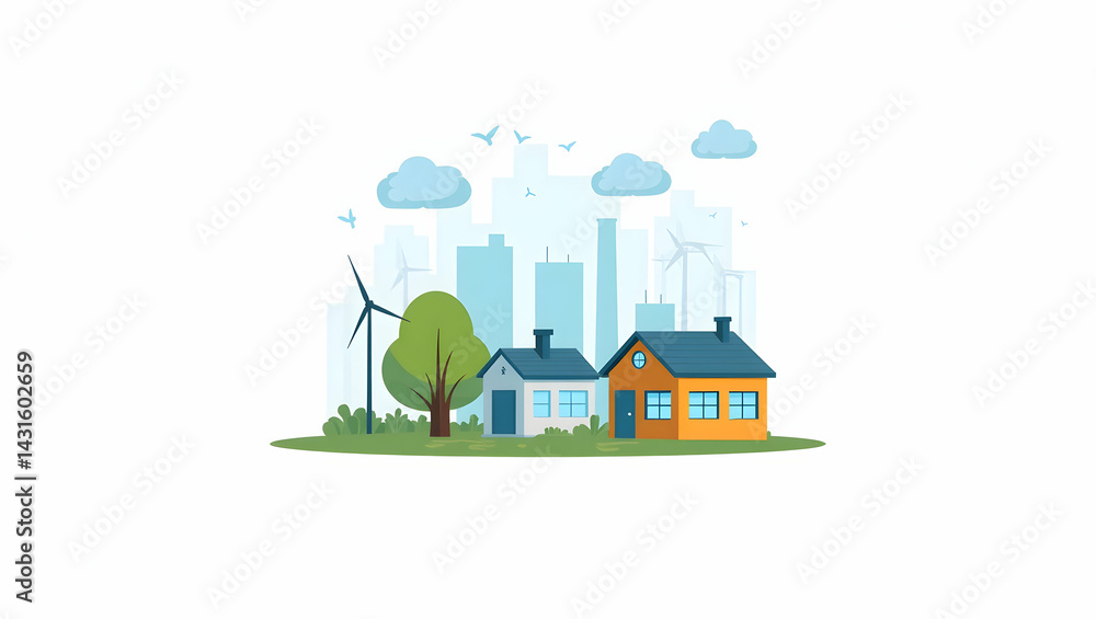 Naklejka premium Flat Examine energy transition challenges with visuals of renewable integration grid modernization sustainable power solutions and policy reforms driving a shift from fossil fuels. in Simple flat cut