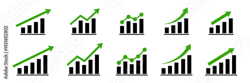 Graphic rise. Chart graph growth icon. Stock increase vector set.