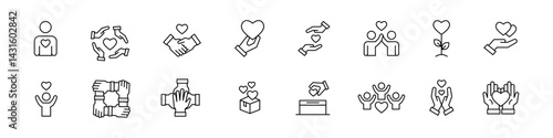 Charity icon set. Donation vector set. Humanitarian aid sign. Human care and support line icons. Non-profit money donation sign. Volunteering isolated icon set.