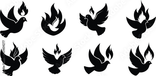 Black and White Dove with Flame Vector – Holy Spirit Pentecost Symbol Icon Set