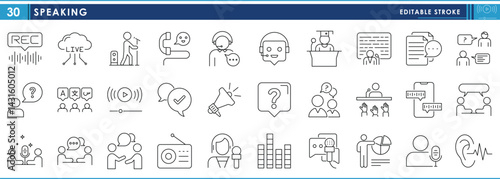 A set of line icons related to Speaking. Speak, announce, talk, record, hands, listen, questions, radio, seminar, and so on. Vector editable stroke.