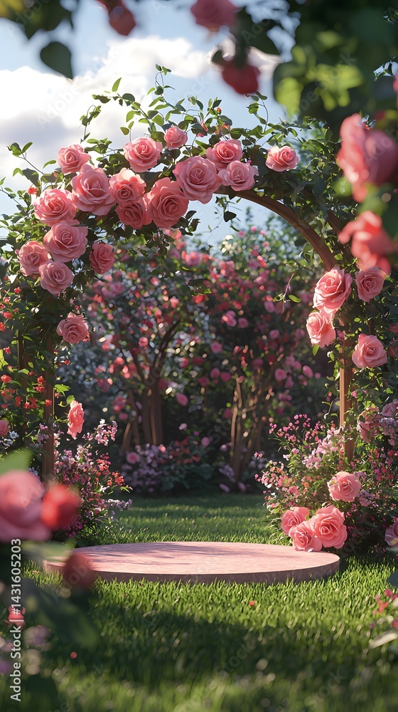 Obraz premium A picturesque pink rose archway adorns a lush green garden creating a romantic and idyllic setting perfect for wedding or engagement photoshoots with a circular platform in the