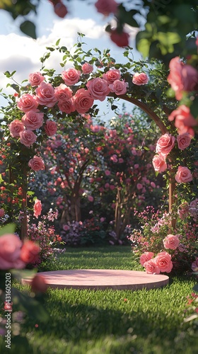 A picturesque pink rose archway adorns a lush green garden creating a romantic and idyllic setting perfect for wedding or engagement photoshoots with a circular platform in the