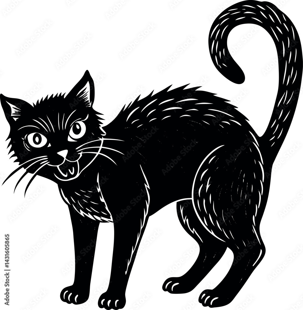 Obraz premium Scared Black Cat With Arched Back