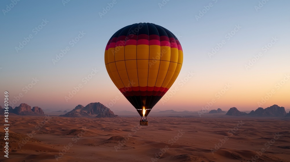 Fototapeta premium Hot air balloon, black, yellow, pink, and red, rises over a vast desert landscape at dawn. The balloon is the central focus against a soft sunrise sky. Rocks and sand dunes stretch to the horizon.