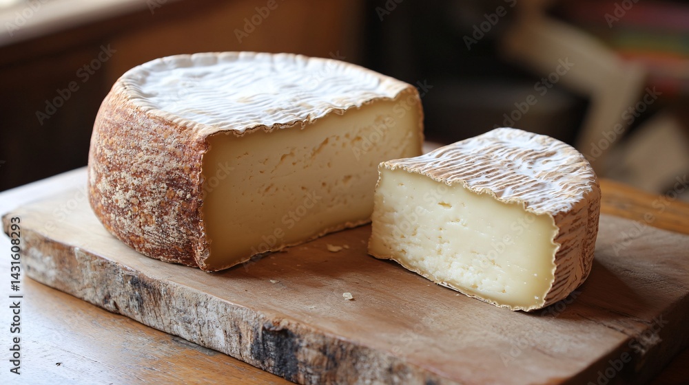 Rustic Artisan Bread and Farm Cheese Displayed on Wooden Board for Farmhouse Kitchen Setting Rustic Artisan Bread and Farm Cheese Displayed on Wooden Board for Farmhouse Kitchen Setting