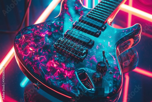 Electric Guitar Under Neon Lights Displaying Vivid Colors