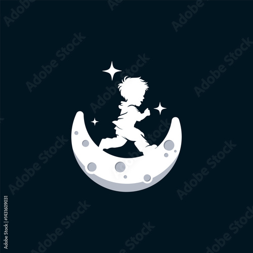 Kids reach stars on the moon logo design