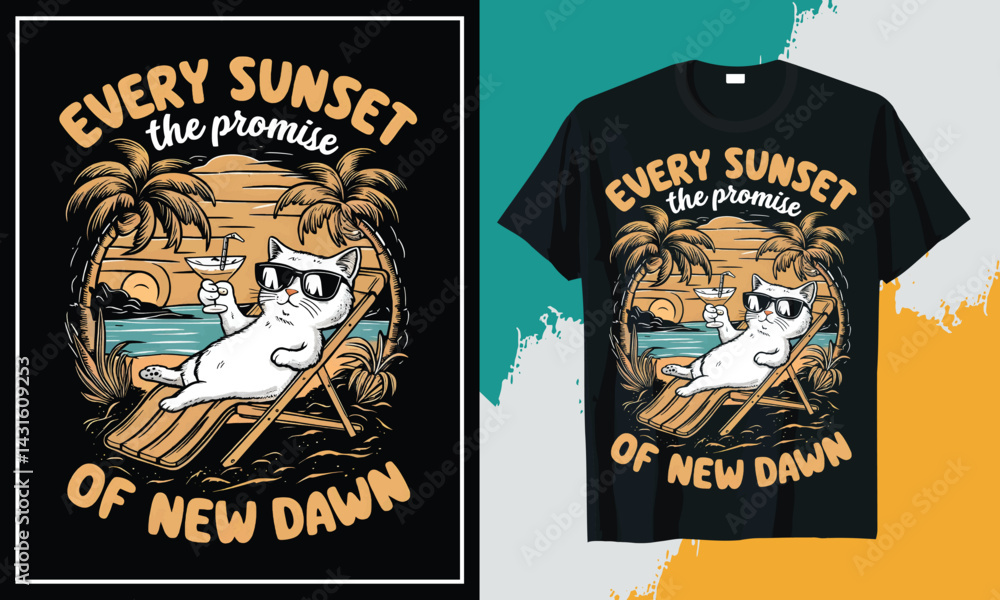Fototapeta premium Cool Cat Relaxing at Sunset with Inspirational Quote T-Shirt Design Vector