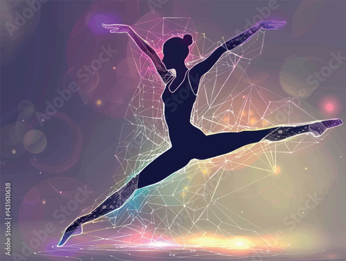 Silhouette of a woman gymnast jumping art. Artistic gymnastics illustration. Sport, dance, stretching, ballet, splits.	