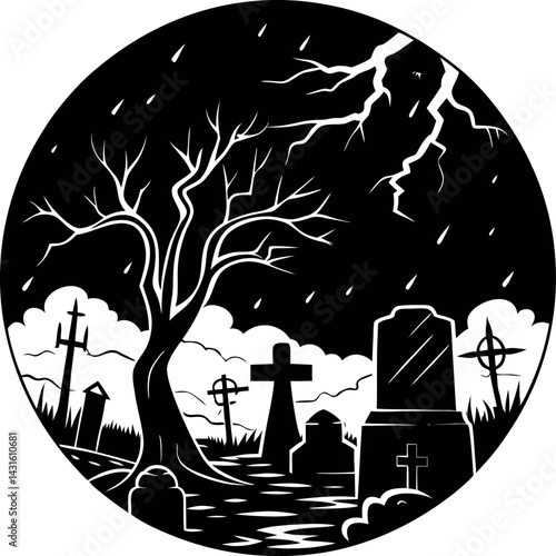 Halloween Graveyard Under Lightning Sky