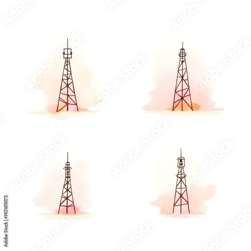 Set of Radio telecom cellular tower Icon Satellite Telecommunication Mast Signal Transmission Telephone Internet Network Watercolor Illustration