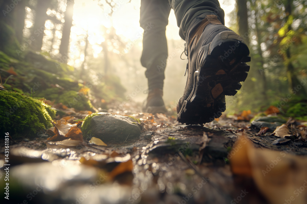 Hiking boots on forest trail Hiking boots on forest trail