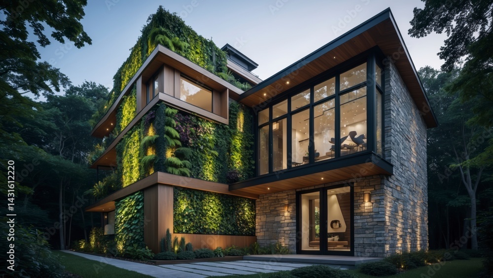 Contemporary two-storey house with green wall contribution to eco-friendly architecture and modern living in urban environment Contemporary two-storey house with green wall contribution to eco-friendly architecture and modern living in urban environment
