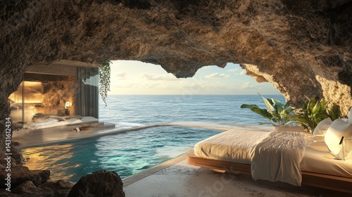 Luxurious cave bedroom with infinity pool overlooking ocean. (1)