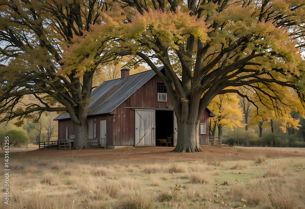 Obraz premium Rustic barn surrounded by vibrant autumn trees in a serene countryside setting