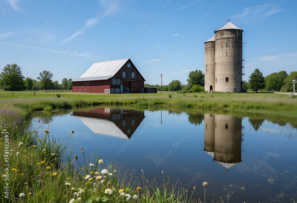 Obraz premium Picturesque barn and silo reflecting in tranquil pond under a clear blue sky