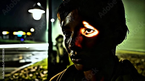 Homeless boy sweating face lamppost shadow man hiding robbery theft danger suspense dramatic light eye urban crime