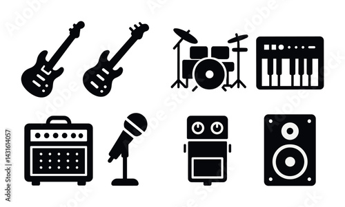 Music instrument solid icons set – silhouette style for band, concert, and performance graphics: guitar, drums, keyboard, amplifier, microphone, pedal, speaker.