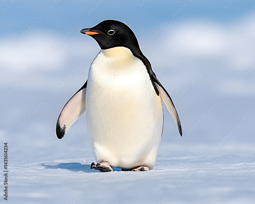 Naklejka premium A single emperor penguin walks across snow with blue sky background