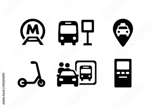 Urban mobility icons – solid style city transport, commuting, and transit symbols: metro, bus stop, taxi, scooter, ride sharing, ticket machine